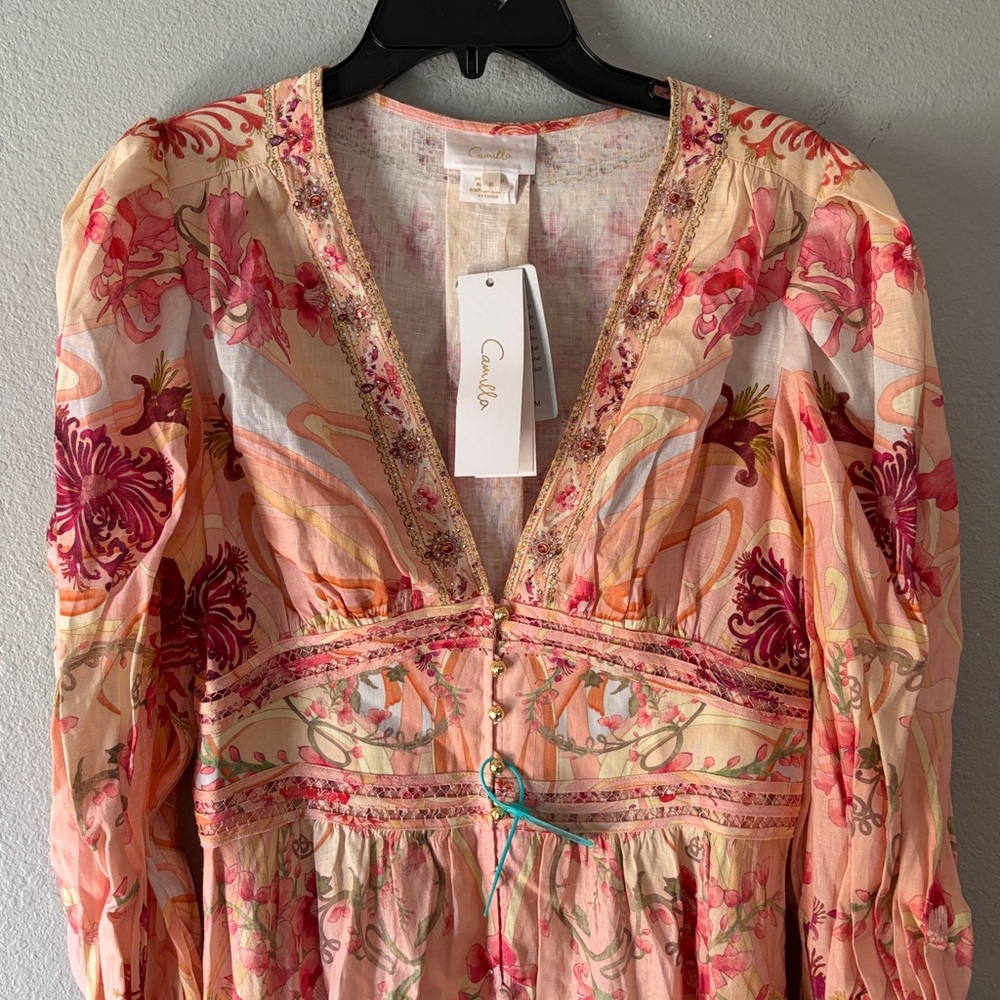 Camilla Shaped Waistband Dress W Gathered Sleeves Blossoms And Brushstrokes NWT - Picture 9 of 16